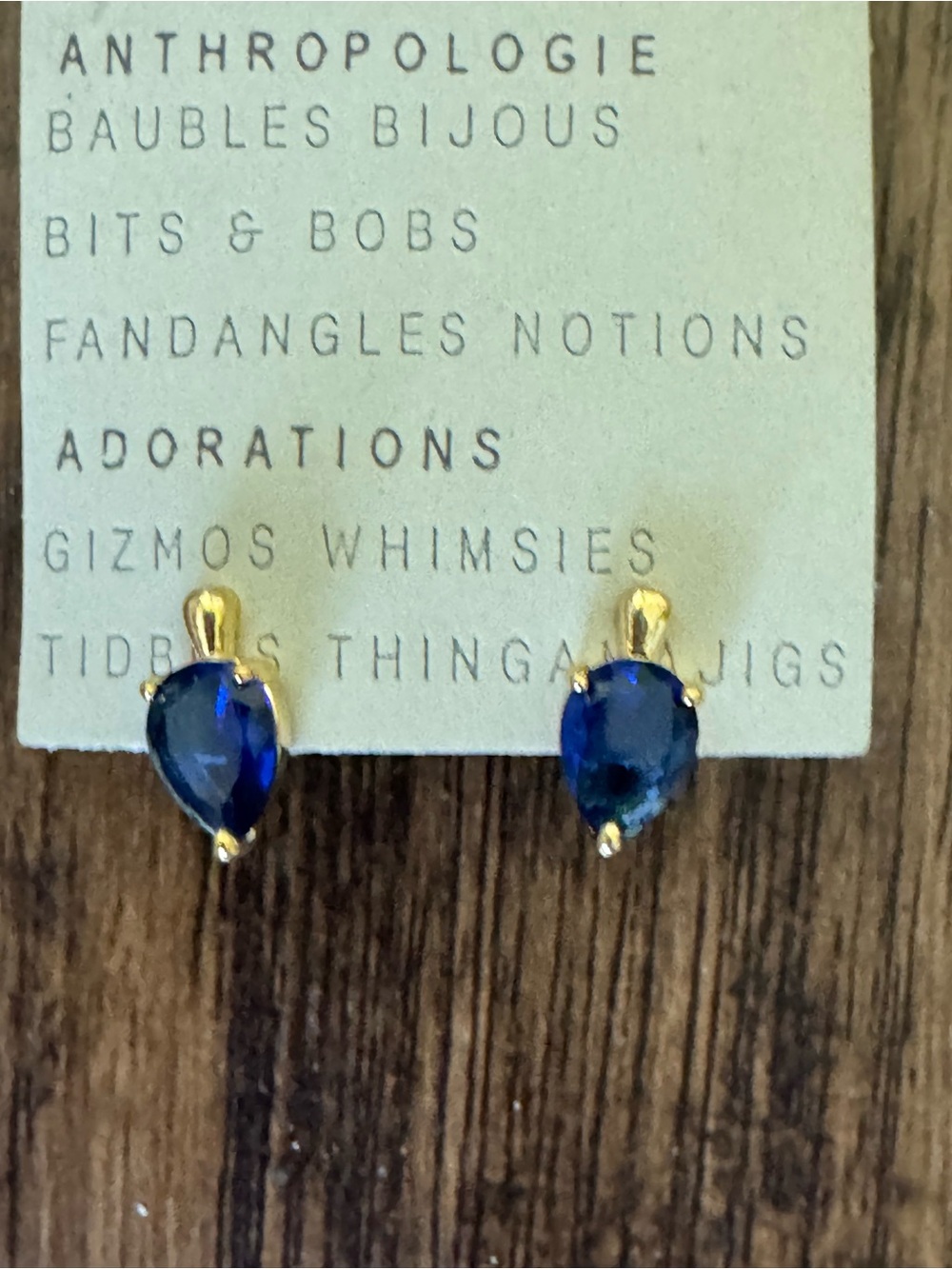 Anthropologie Gold Plated Teardrop Crystal Sapphire Blue Stud Earring - Picture 12 of 14